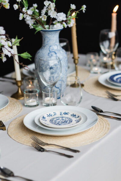 blue and white table setting