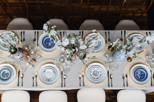blue and white table setting