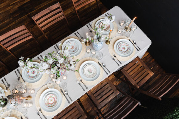 vintage china and grass mat centerpiece