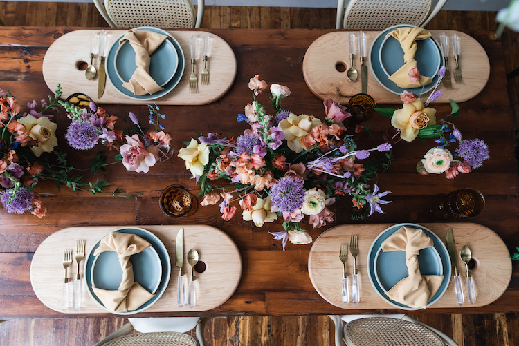 blue stoneware and lilac floral boho