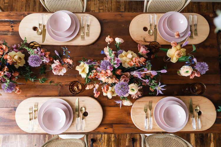 pink plate set with acrylic flatware cutting board farm table